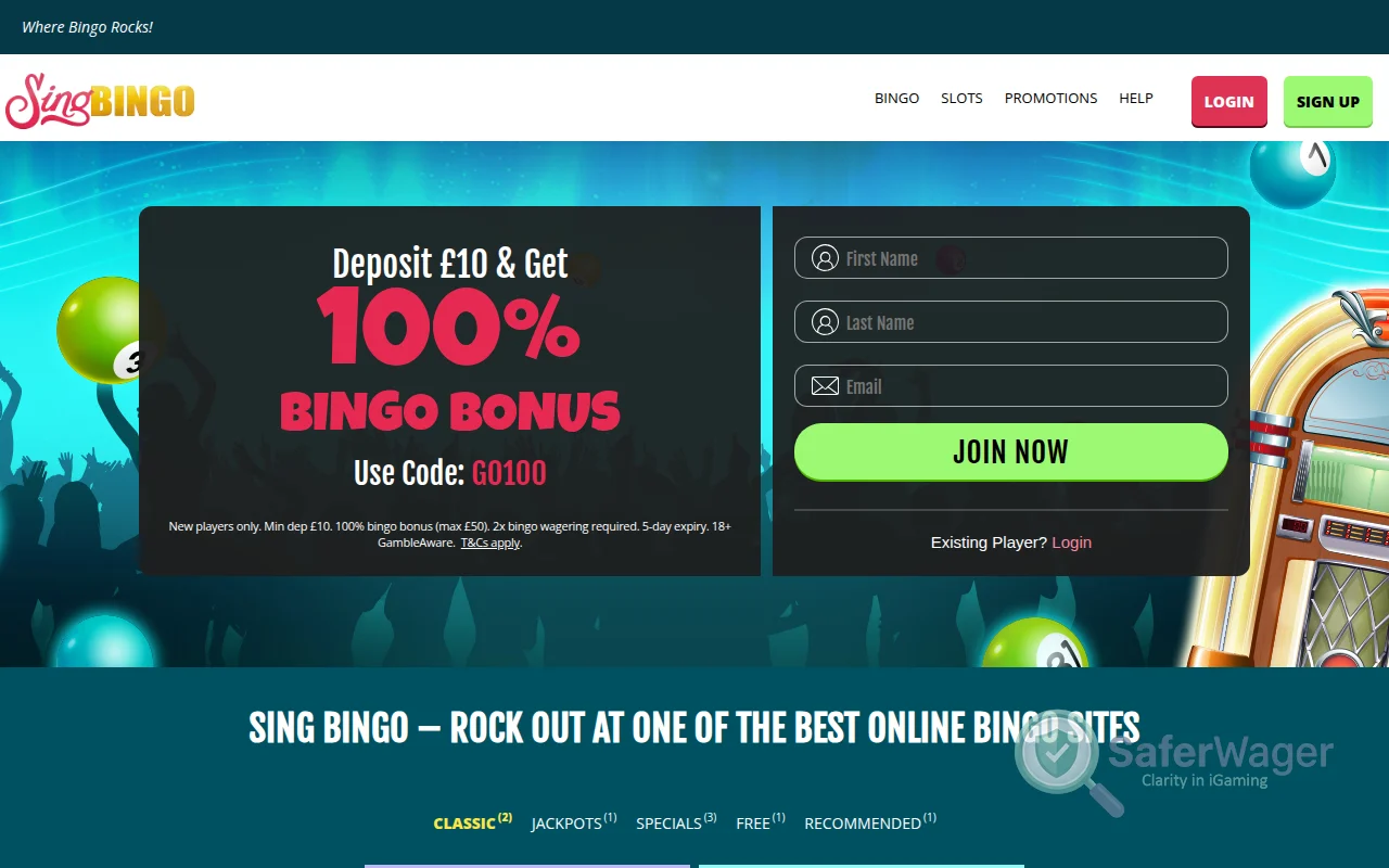 Screenshot of Sing Bingo website