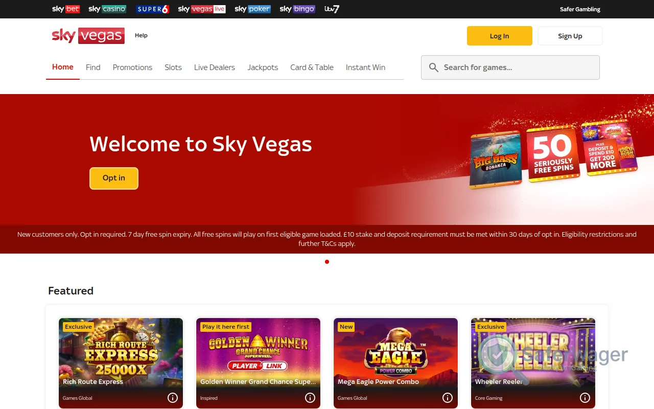 Screenshot of Sky Vegas website