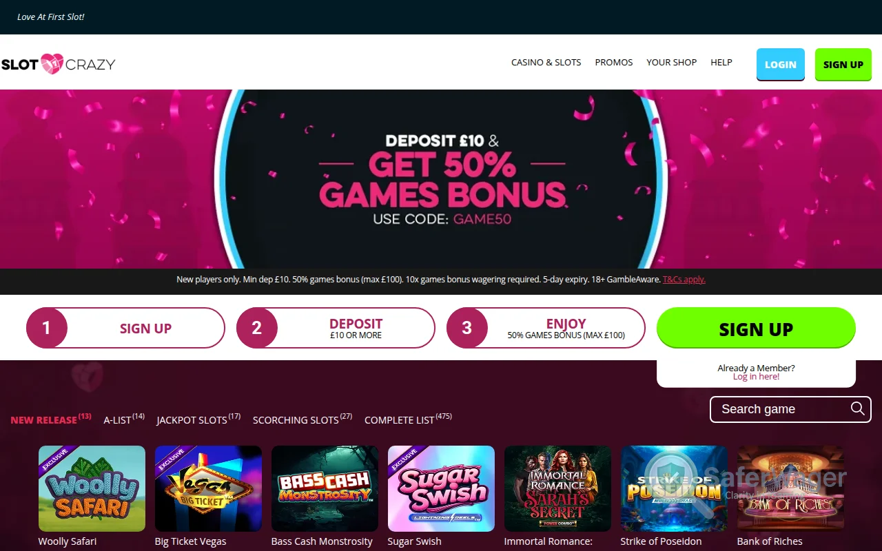 Screenshot of Slot Crazy Casino website
