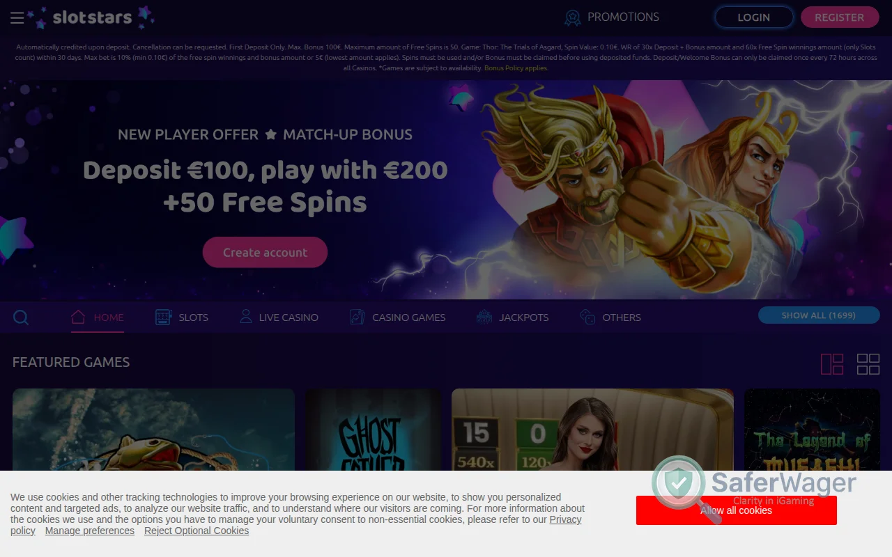 Screenshot of Slotstars website