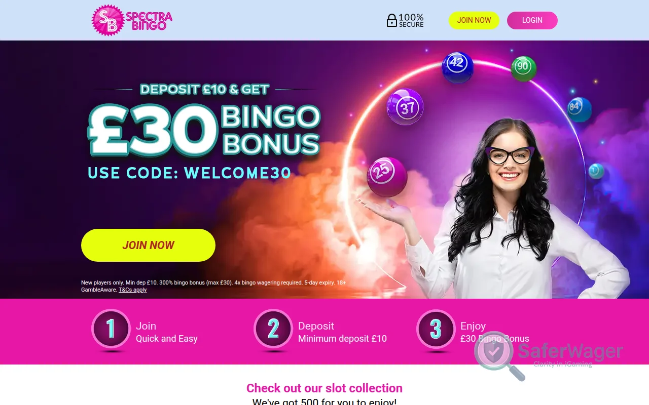 Screenshot of Spectra Bingo website