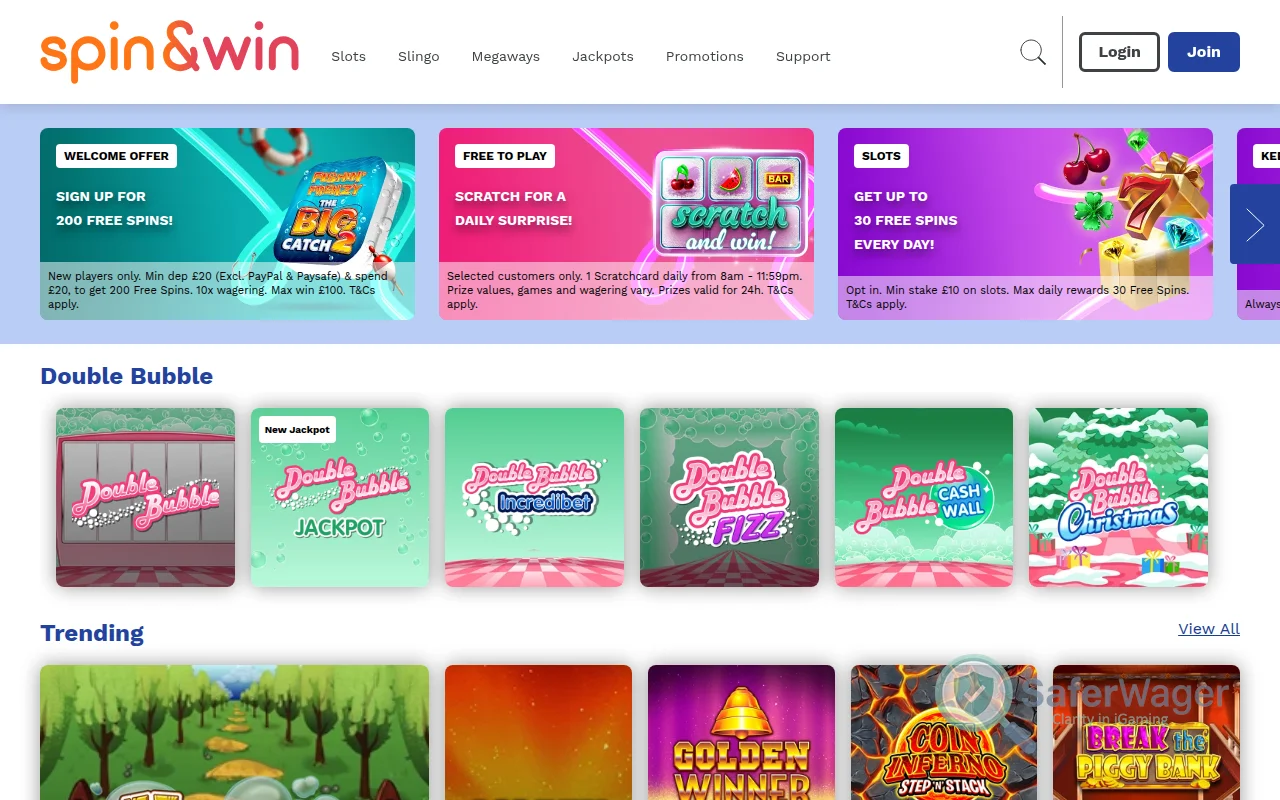 Screenshot of Spin and Win website