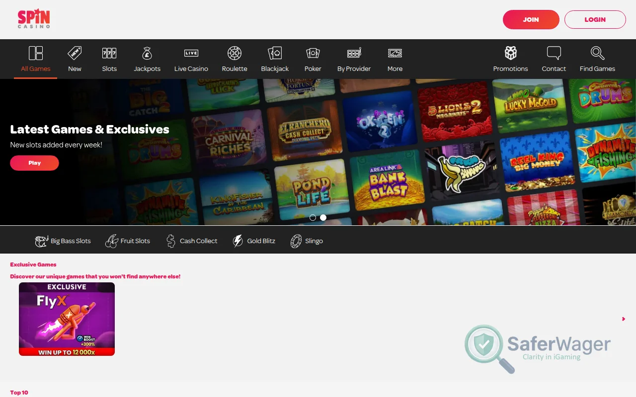 Screenshot of Spin Casino website