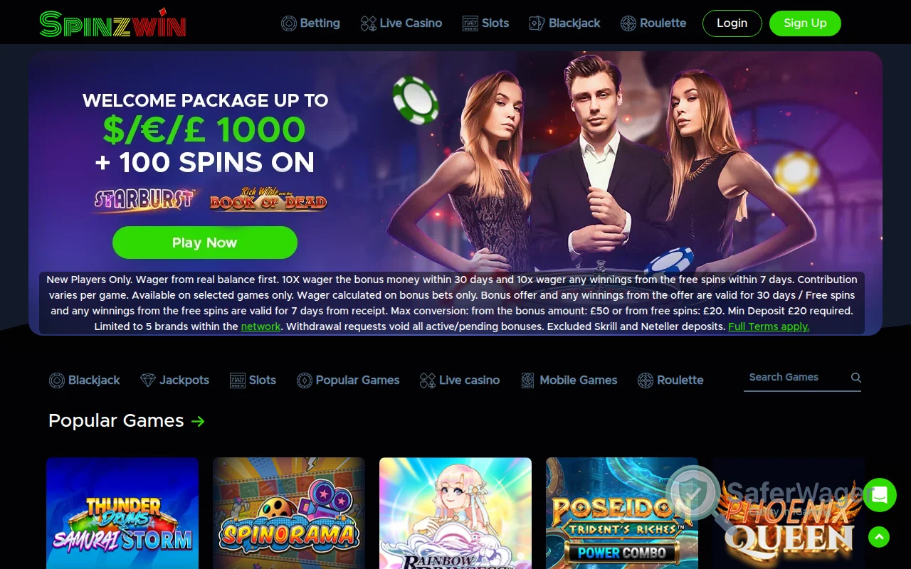 Screenshot of SpinzWin Casino website