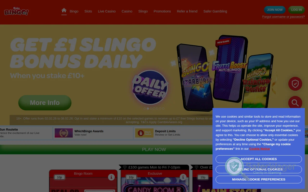 Screenshot of Sun Bingo website