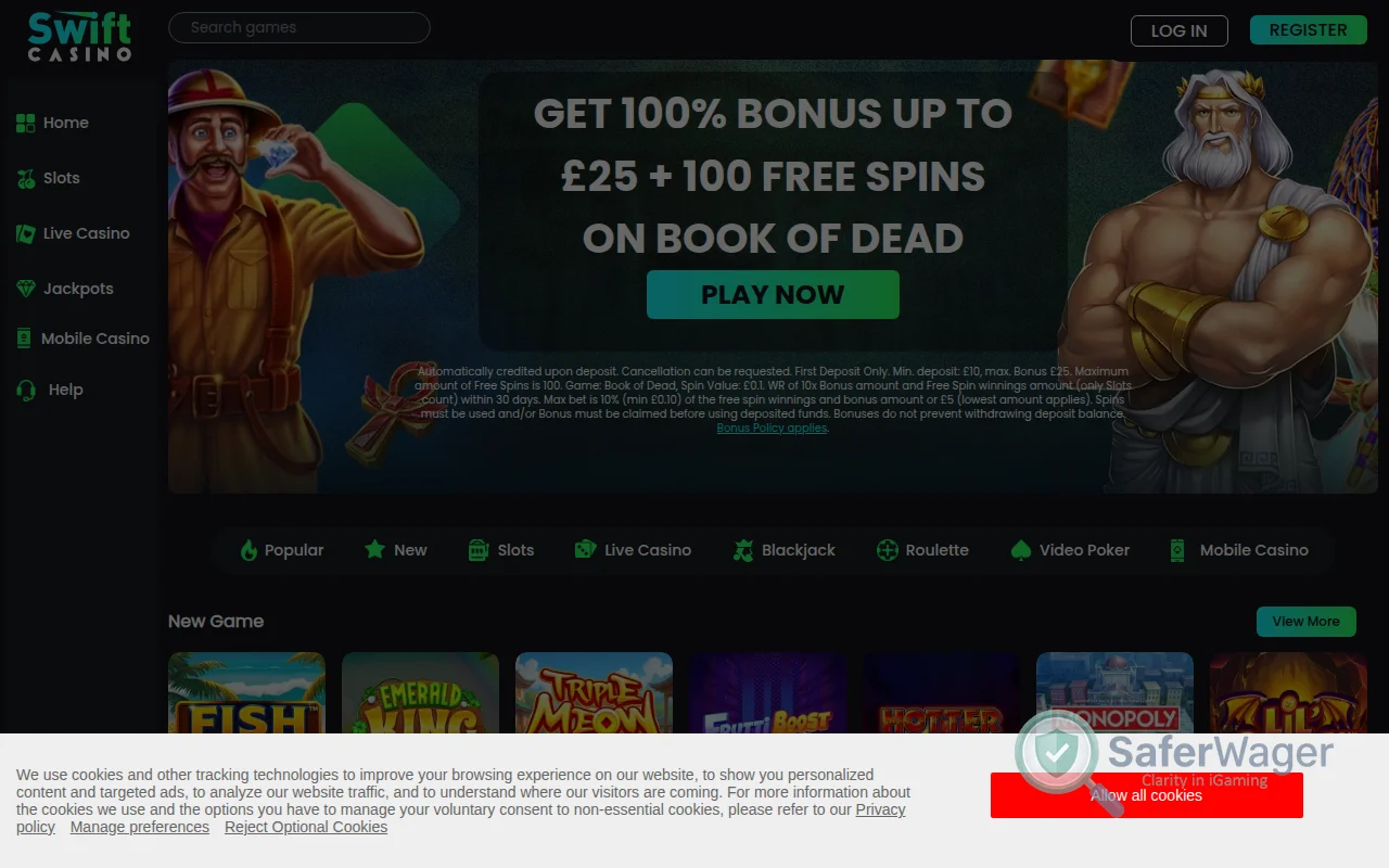 Screenshot of Swift Casino website