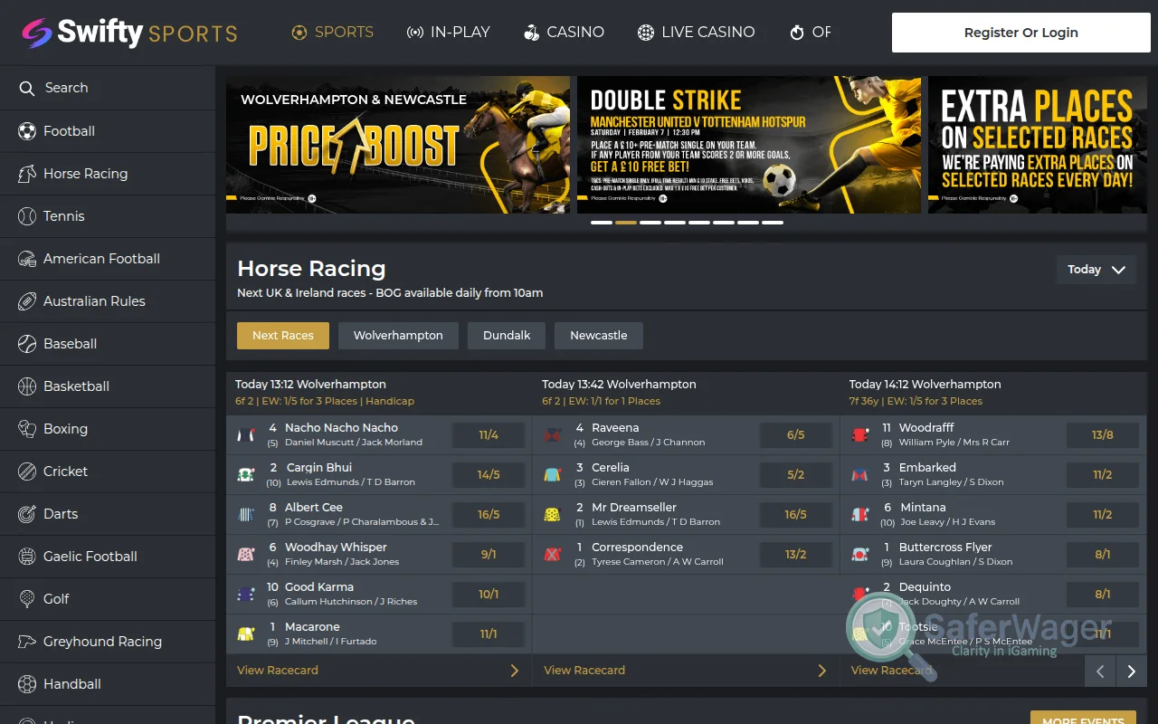 Screenshot of Swifty Sports website