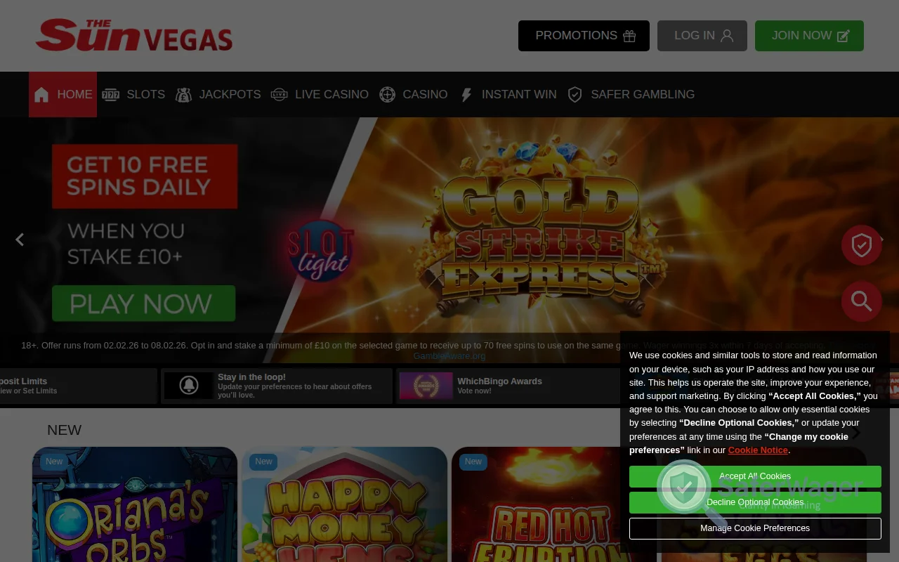 Screenshot of The Sun Vegas website