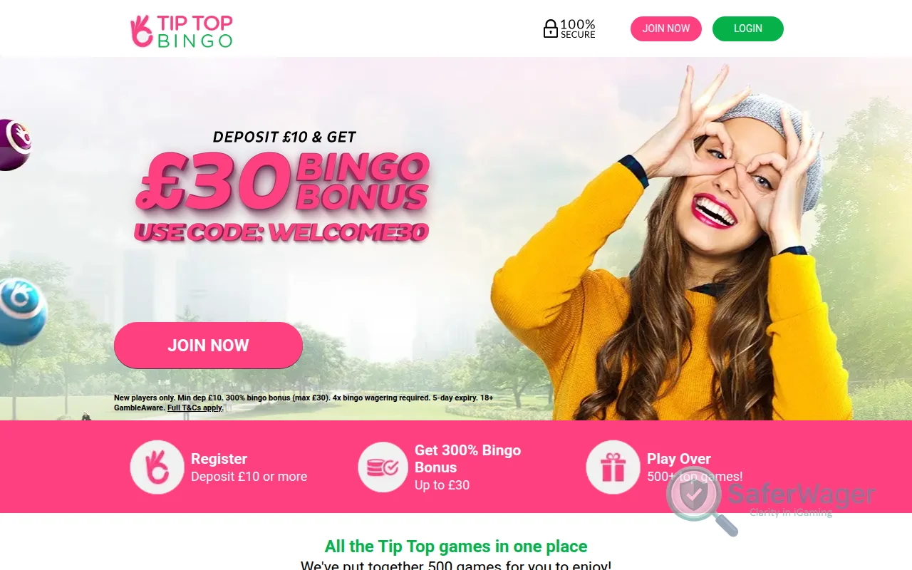 Screenshot of Tip Top Bingo website