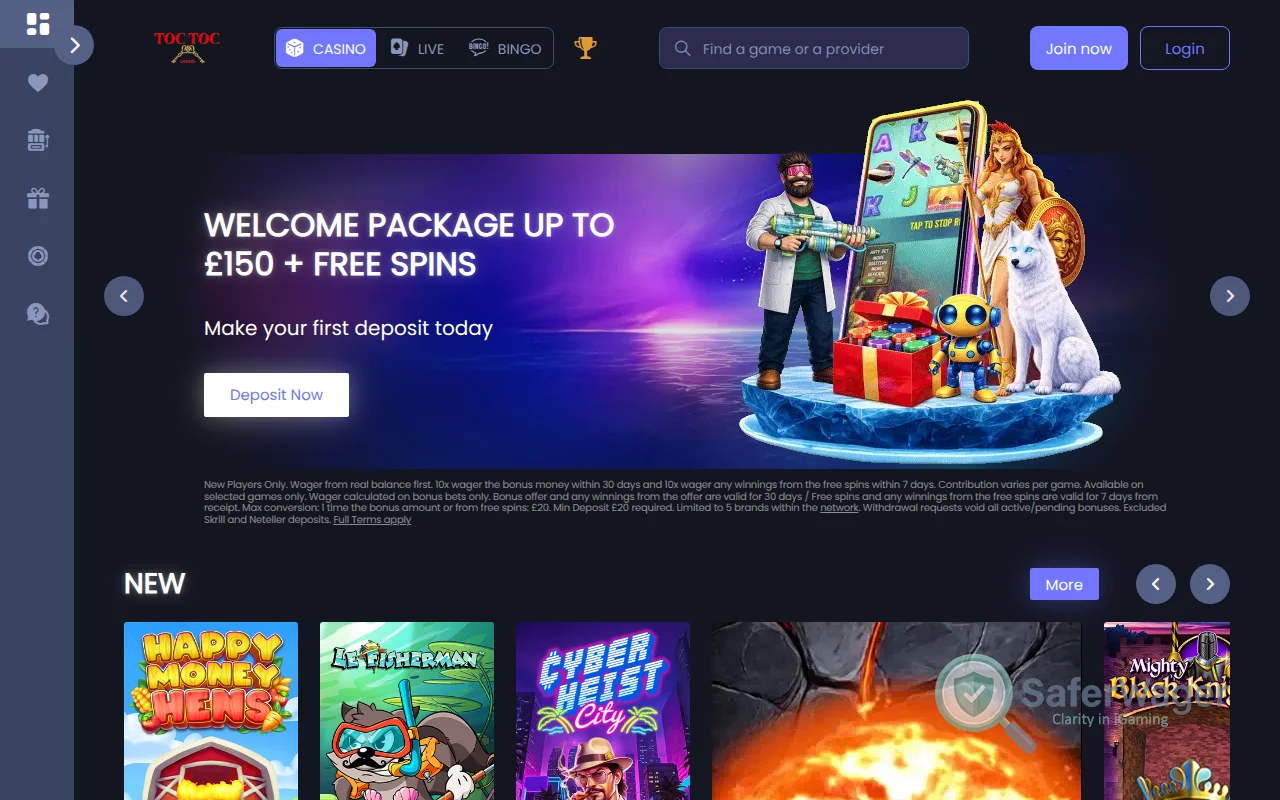 Screenshot of Toctoc Casino website