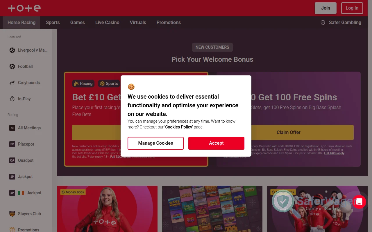 Screenshot of Tote website