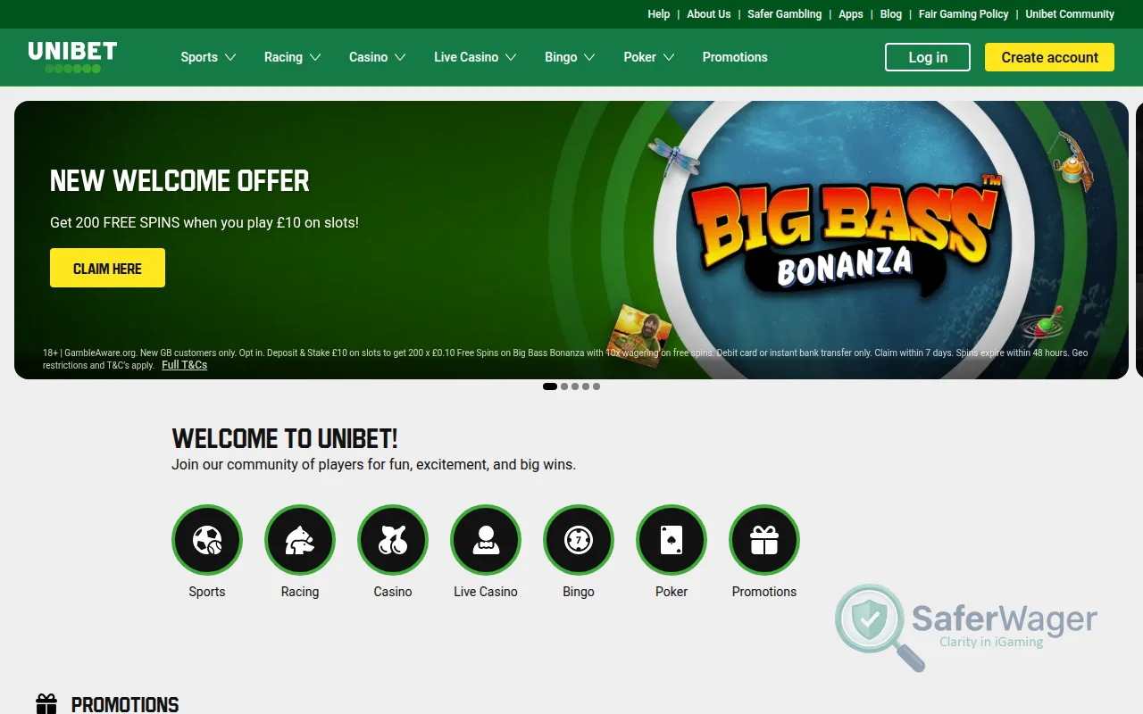 Screenshot of Unibet website