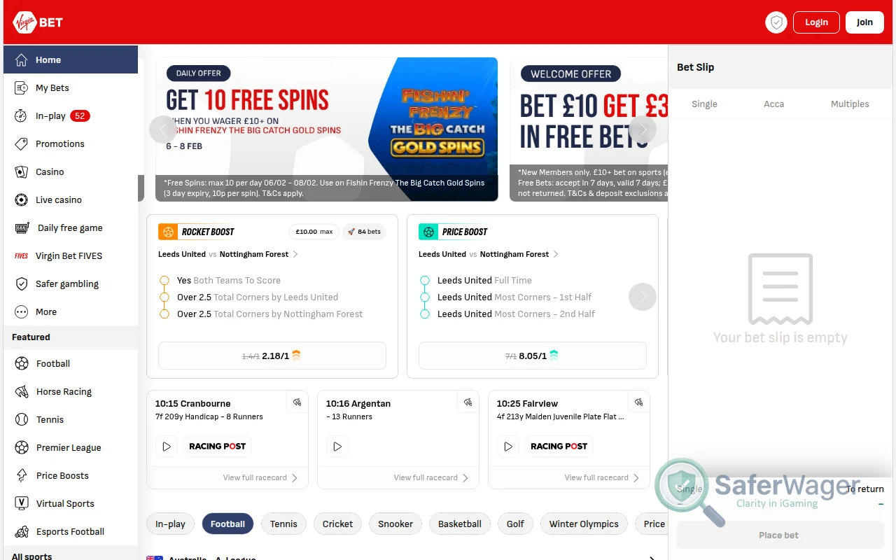 Screenshot of Virgin Bet Casino website