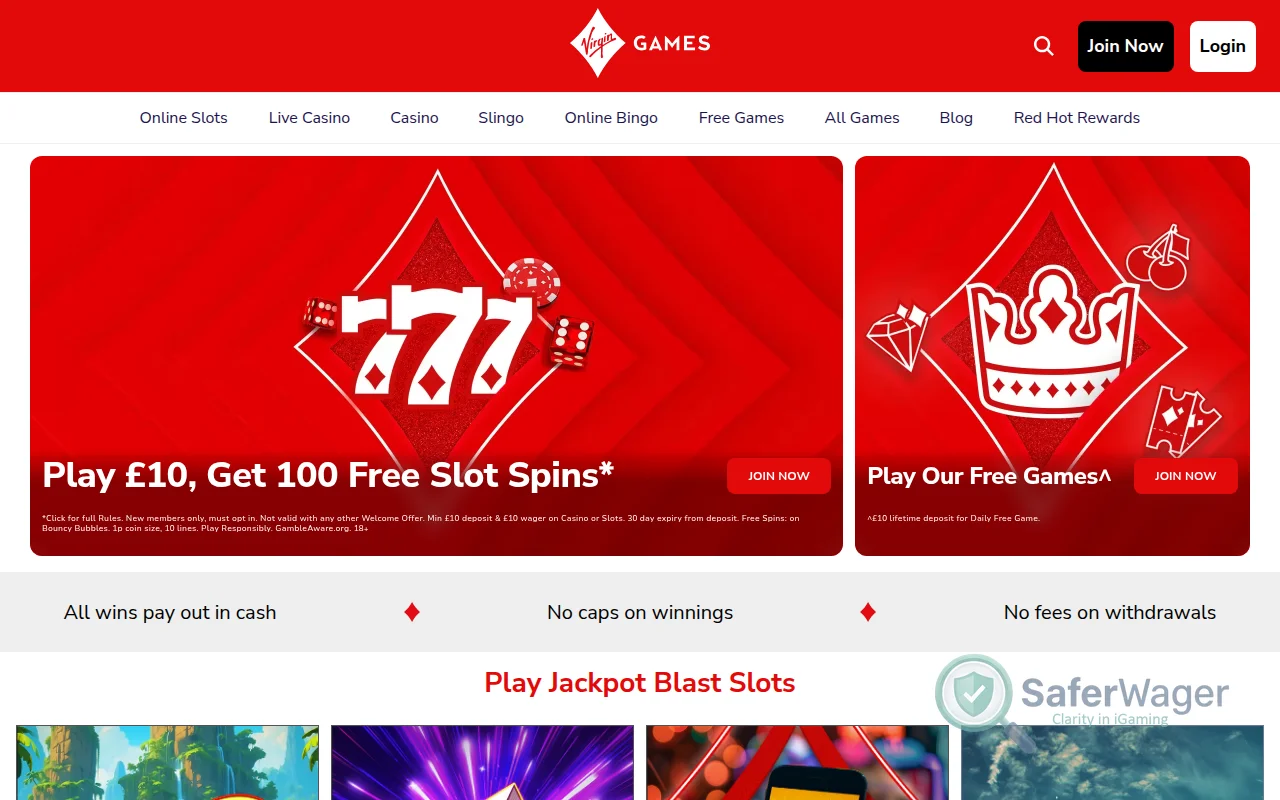 Screenshot of Virgin Games website
