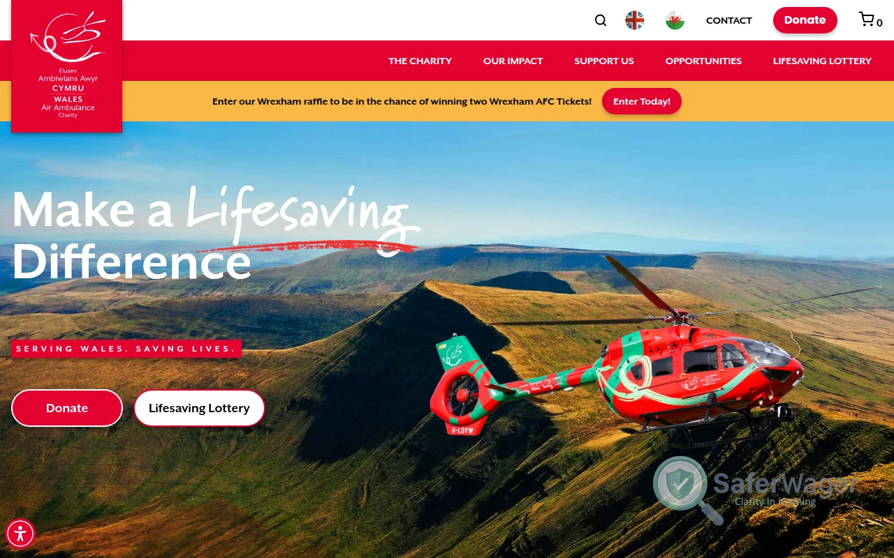 Screenshot of Wales Air Ambulance Lottery website