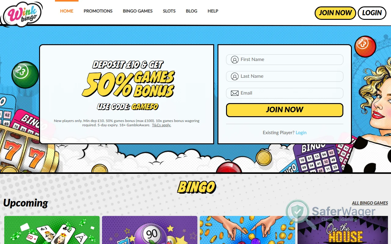 Screenshot of Wink Bingo website
