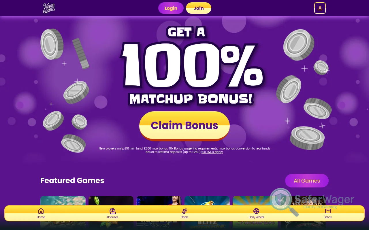 Screenshot of Wonga Games Casino website