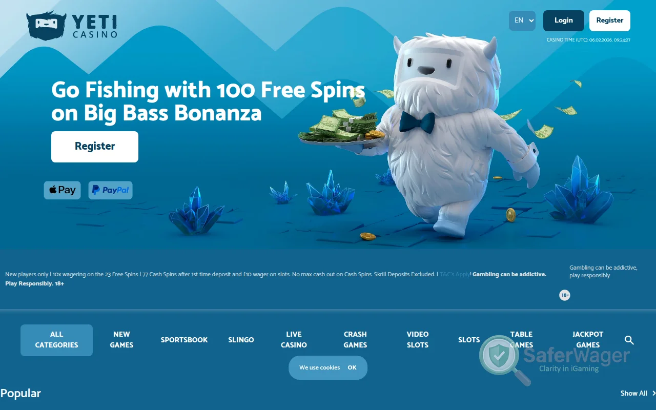 Screenshot of Yeti Casino website