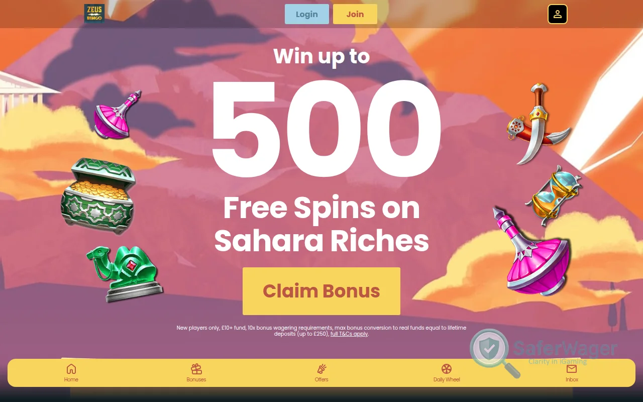 Screenshot of Zeus Bingo website